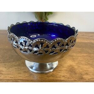 Vintage Cobalt Blue Glass Bowl Silver Plate Pedestal Dish Pierced Rim Candy Dish